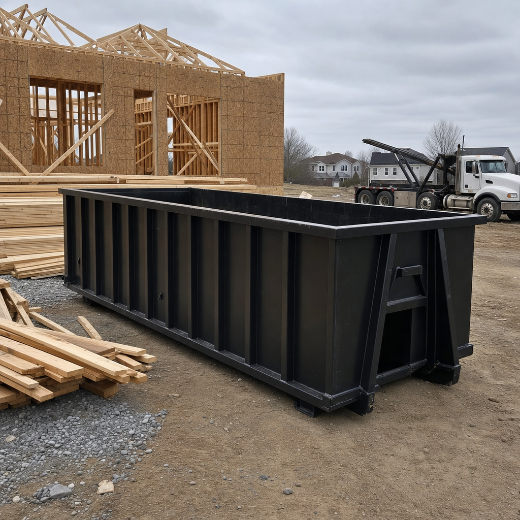 Matte-black 40-yard roll-off dumpster staged on a framed-out residential construction site in Alabaster, framing lumber stacked nearby, hooklift delivery truck visible in the background under bright Colorado daylight