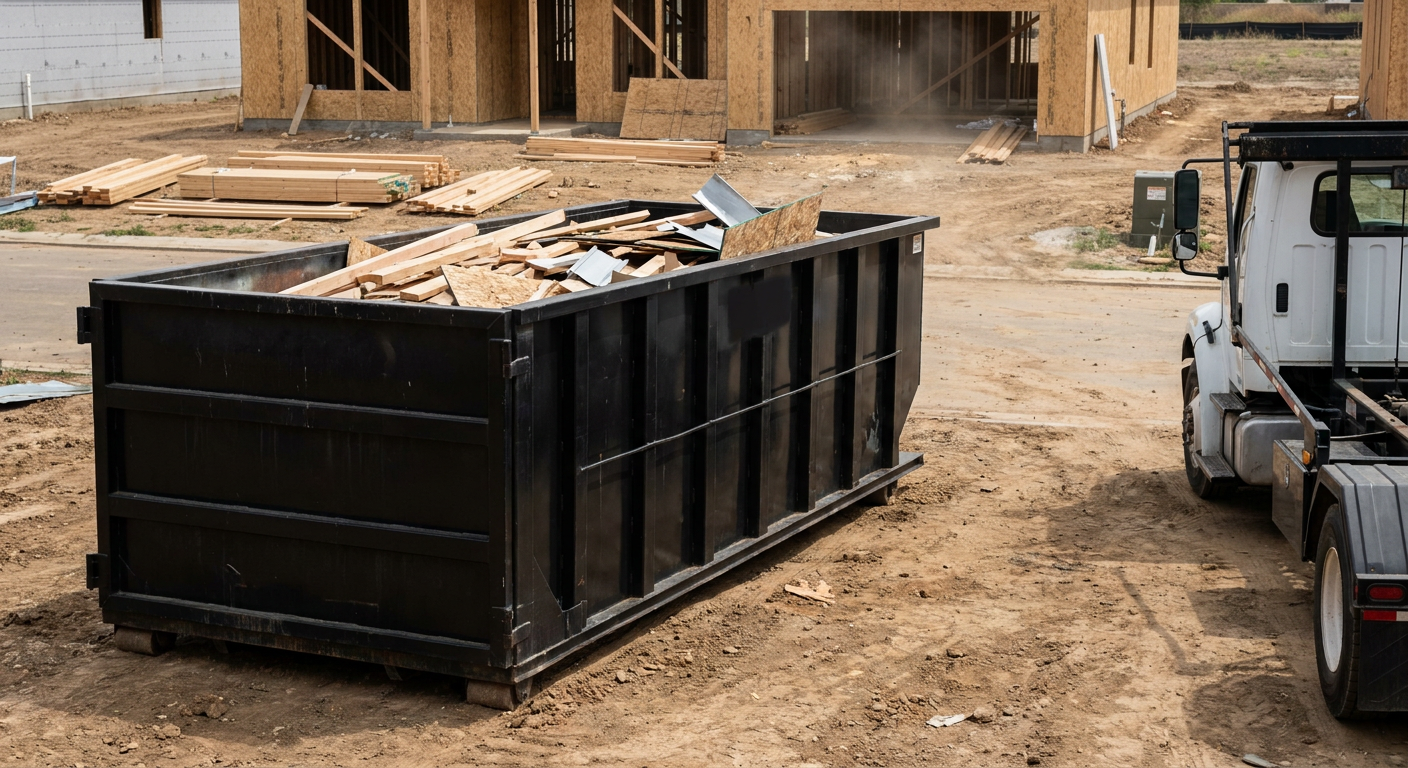 Matte-black 20-yard roll-off construction dumpster with heavy ribbed steel sidewalls and swing rear doors at a working jobsite in Alabaster, sitting directly on compacted dirt with an unmarked white hauler partially visible at the far edge of the frame.