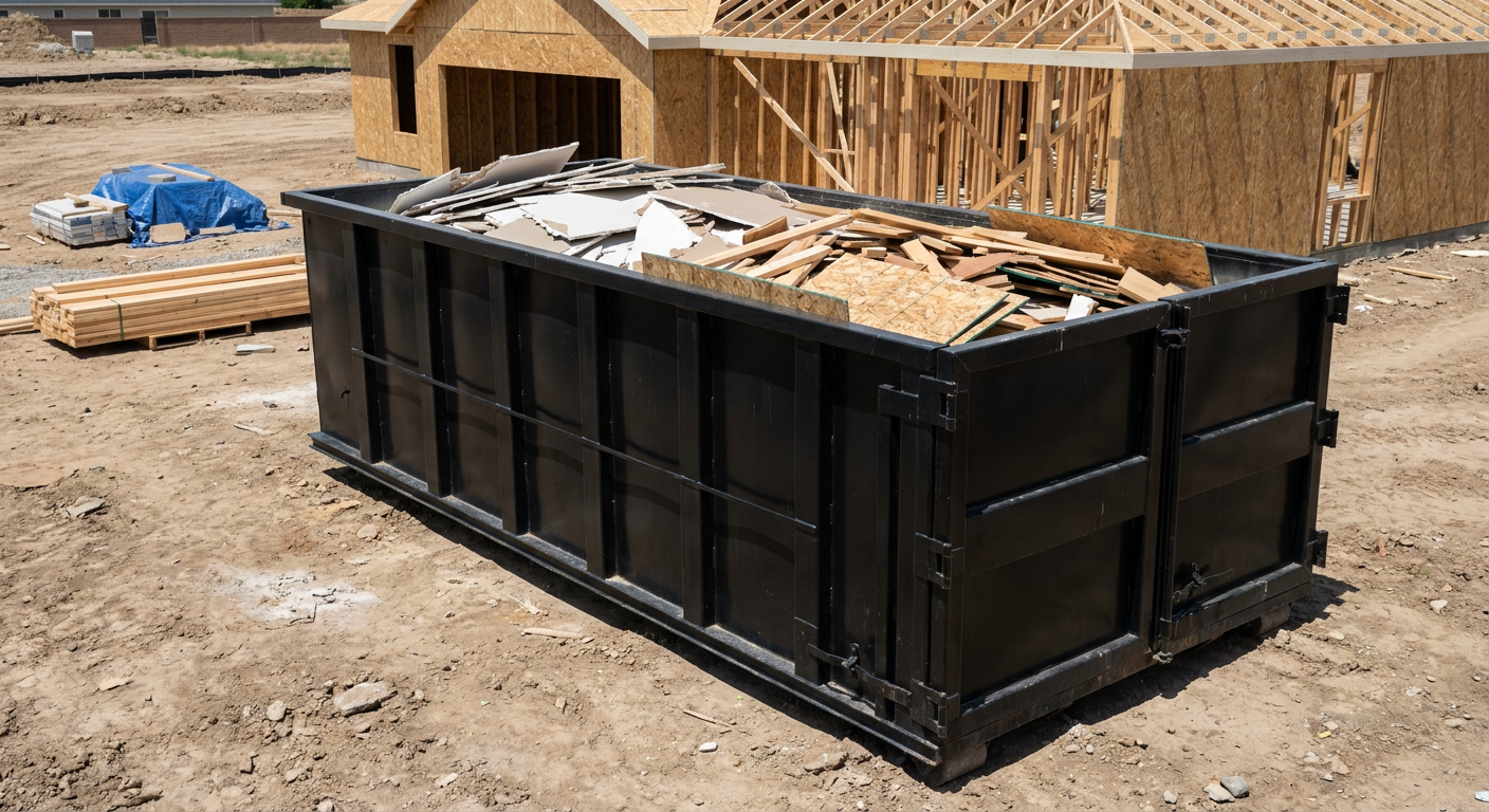 Matte-black 30-yard roll-off construction dumpster sitting directly on the compacted-dirt site of a framed single-family home build in Alabaster, drywall and lumber scrap loaded inside.
