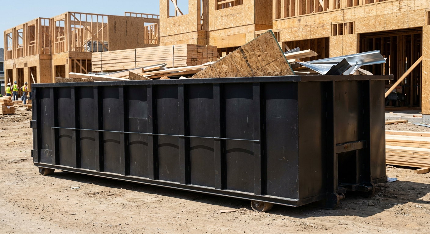 Matte-black 40-yard roll-off construction dumpster being lowered from a white-cab hooklift delivery truck onto the compacted-dirt jobsite at a commercial build site in Alabaster