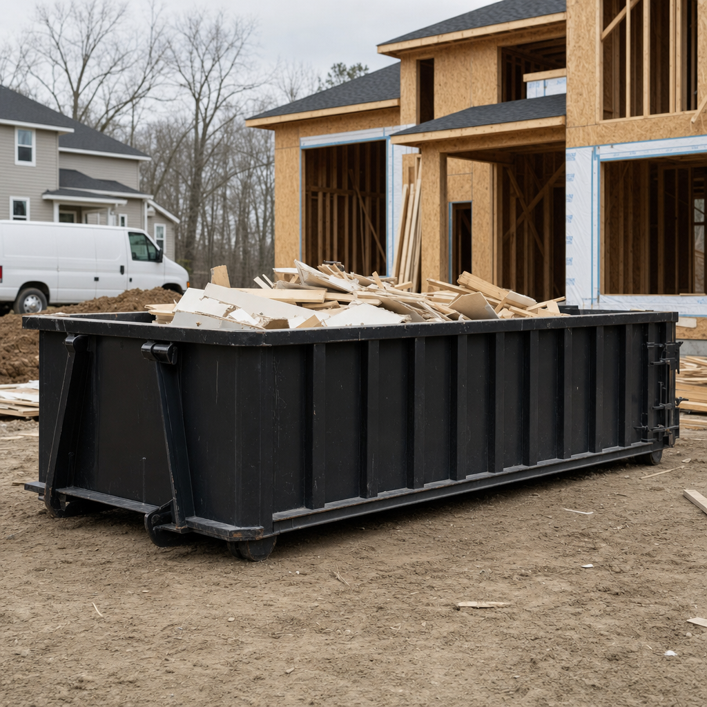 Worker in a yellow high-visibility vest tossing framing lumber and broken drywall into a matte-black 30-yard construction roll-off dumpster on an active build site in Alabaster, bright daylight