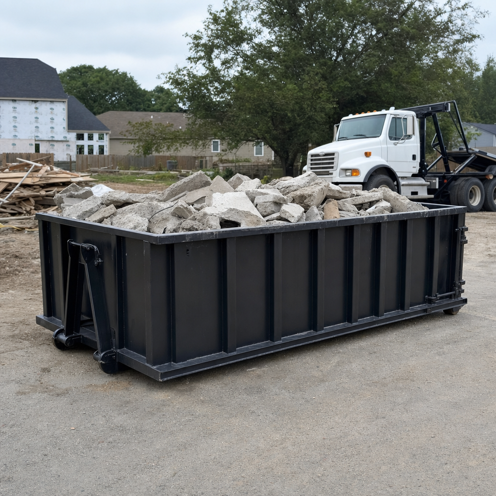 Low-profile matte-black lowboy roll-off dumpster loaded with broken concrete slab and rebar at a foundation tear-out in Alabaster, skid steer parked beside it, sunny Colorado morning