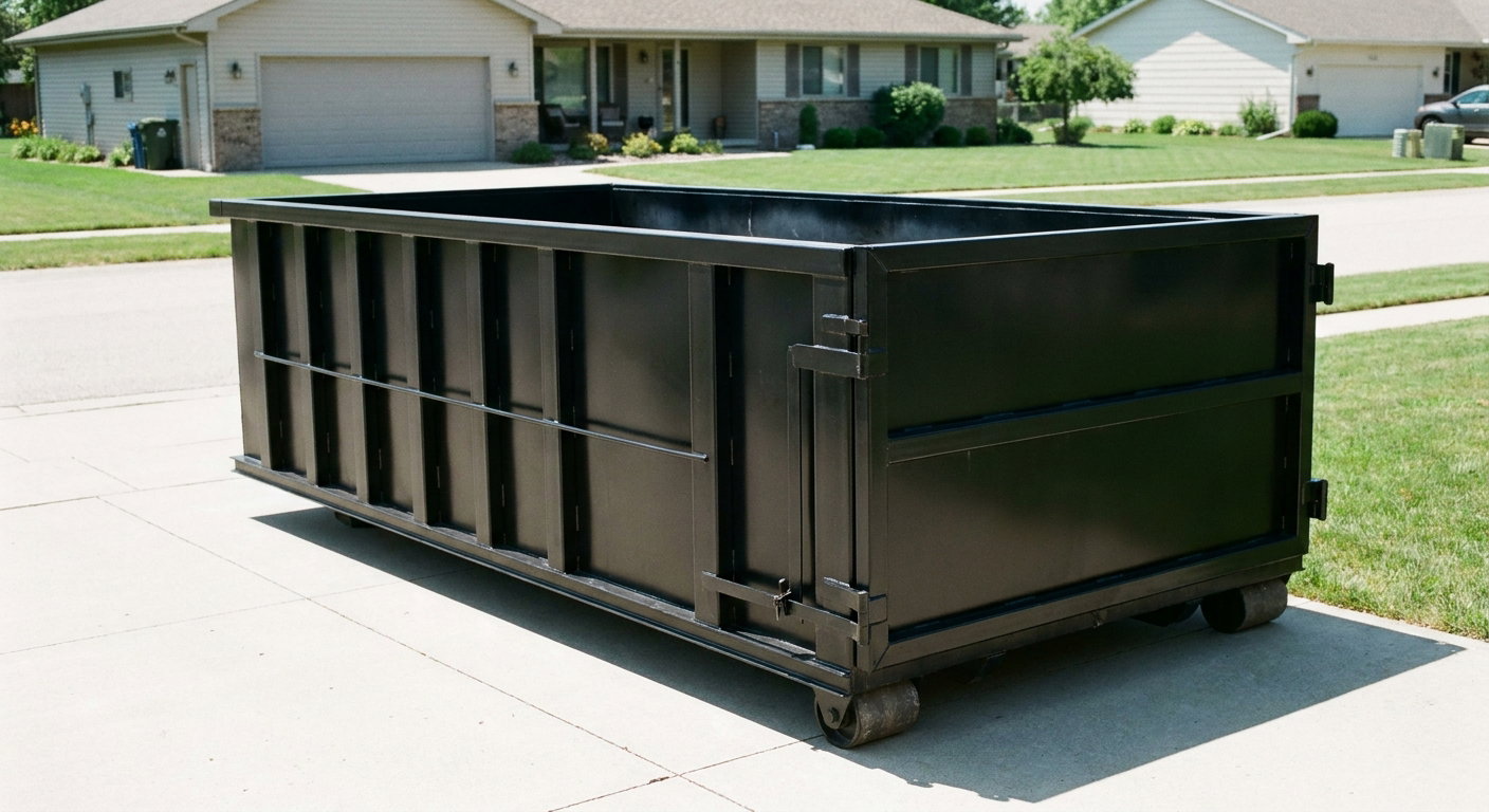 Matte-black 10-yard roll-off dumpster on a residential concrete driveway in Alabaster, uniformly painted matte black across every panel and rail, ribbed steel sidewalls and rear swing door visible, mid-day daylight.