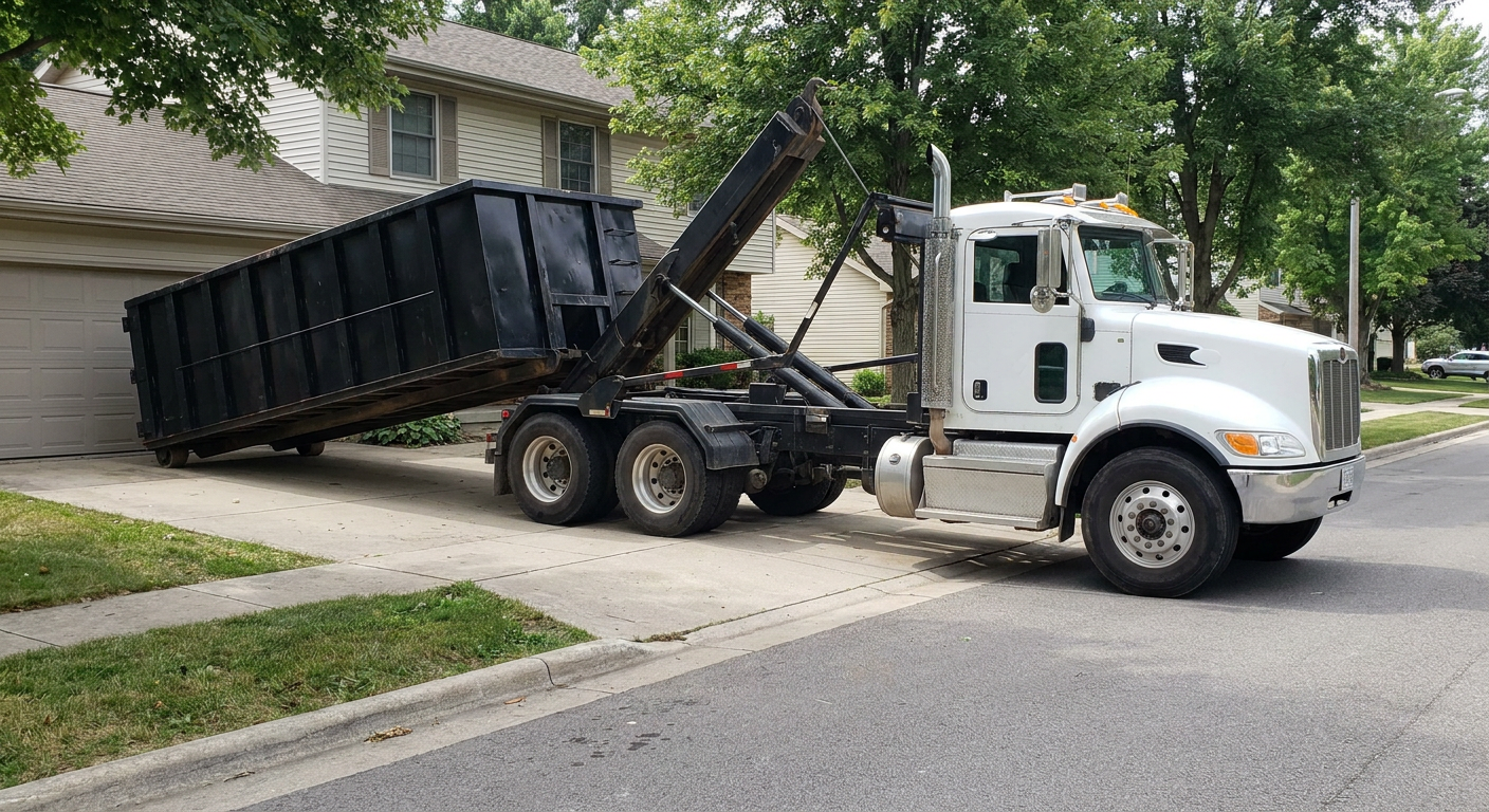 White-cab hooklift roll-off truck actively lowering a matte-black dumpster onto a Alabaster residential concrete driveway, the dumpster's rear wheels touching the driveway as the hoist arm tilts the bed forward, mid-morning daylight.
