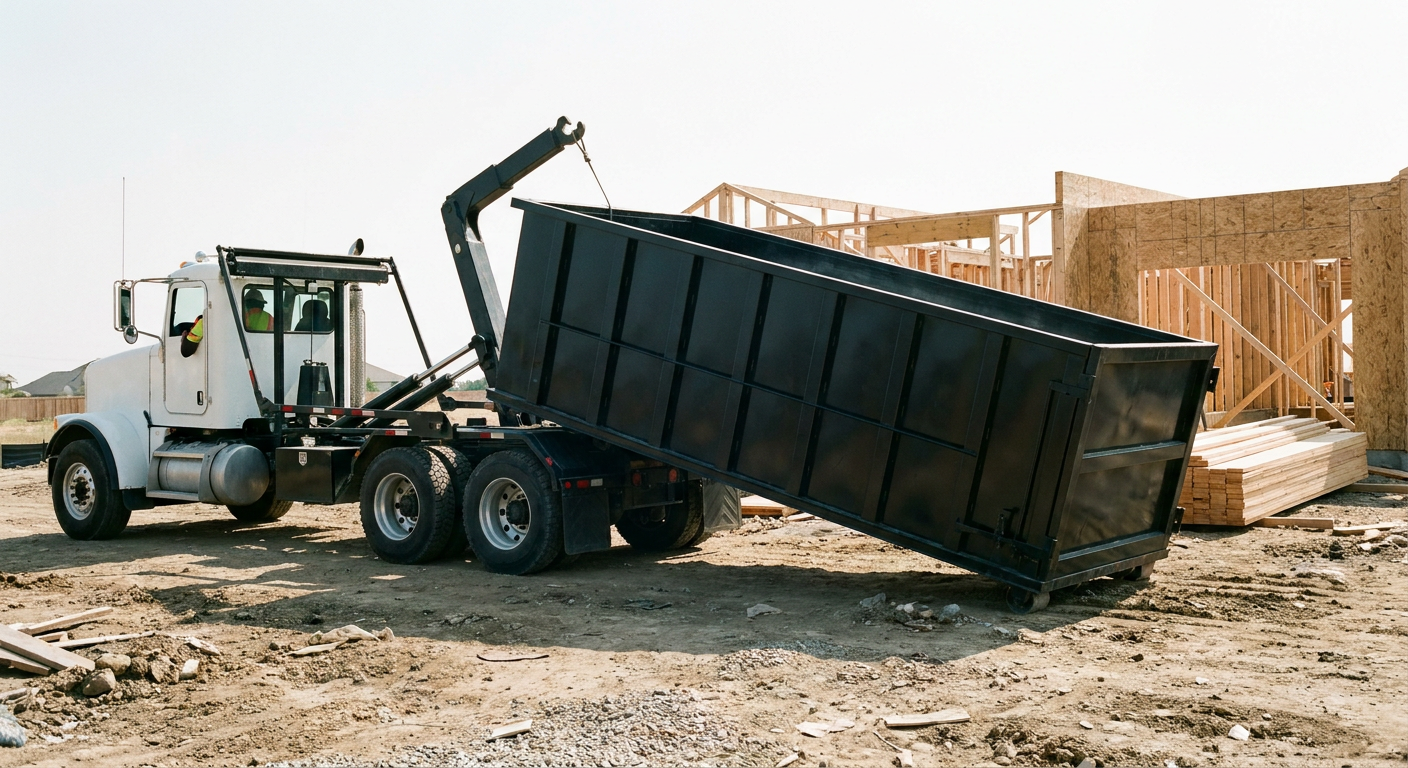 Matte-black roll-off dumpster being delivered onto a clean residential concrete driveway in Alabaster by an unmarked white hooklift hauler truck, bright morning daylight, documentary 35mm perspective.