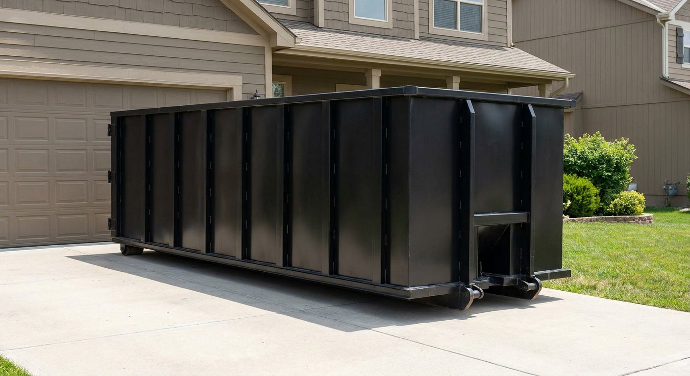 Matte-black residential roll-off dumpster sitting directly on a suburban Alabaster concrete driveway, garage door closed, single-family home in background, bright morning daylight.