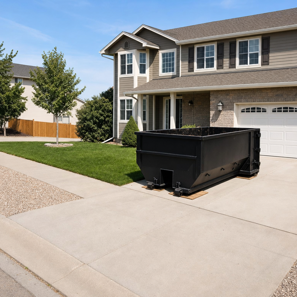 10-yard matte-black residential dumpster placed directly on a narrow Alabaster concrete driveway, room remains for a parked sedan beside it, mid-morning natural light