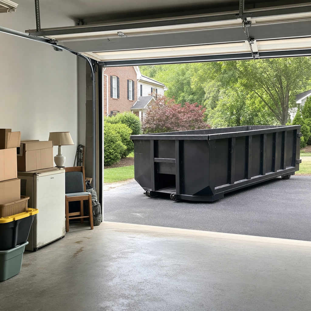 Open garage interior in a Alabaster home mid-cleanout — boxed items, an old appliance, and stacked yard tools queued near the driveway for a matte-black roll-off dumpster, organized and calm