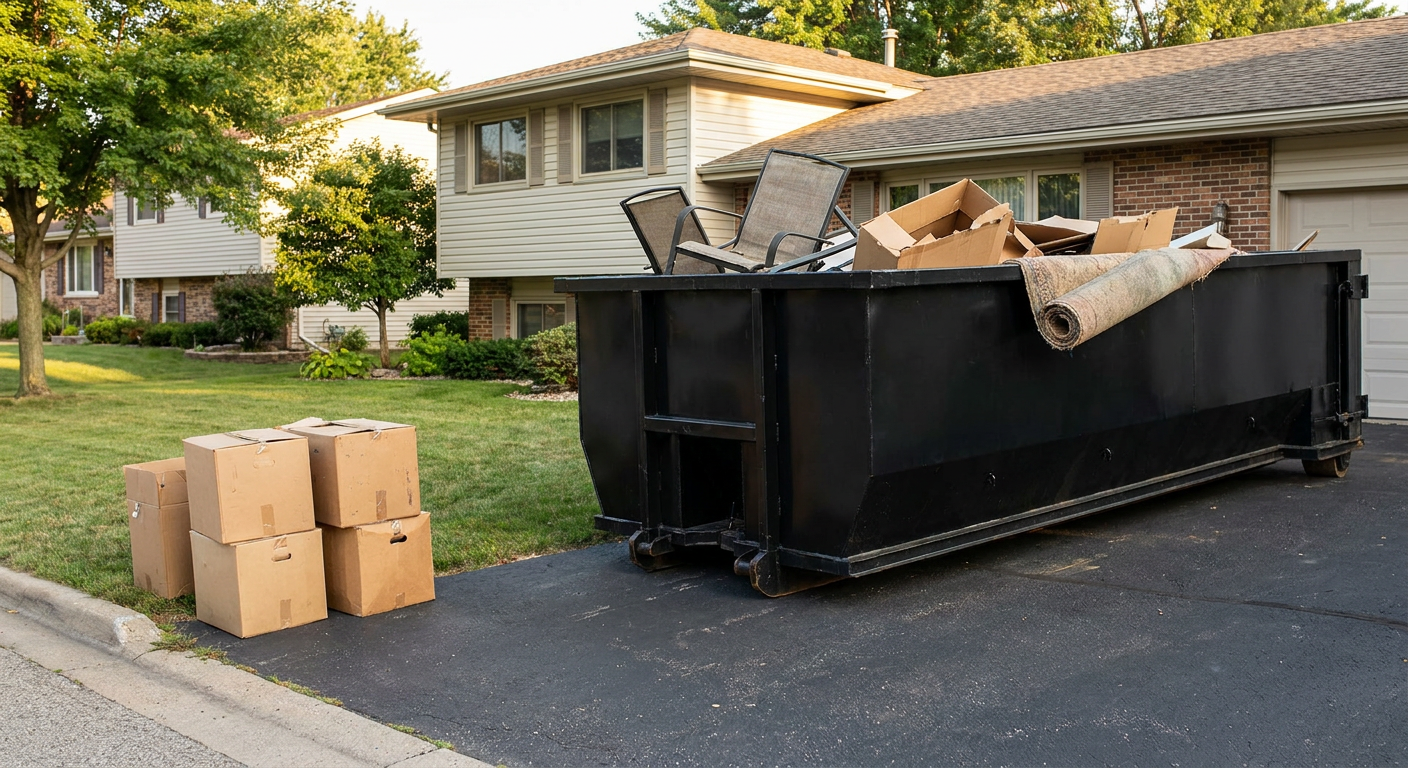 Front-yard view of a Alabaster split-level home with a 20-yard matte-black roll-off dumpster sitting directly on the asphalt driveway, a few clearly labeled donation boxes staged at the curb, calm sunny afternoon.