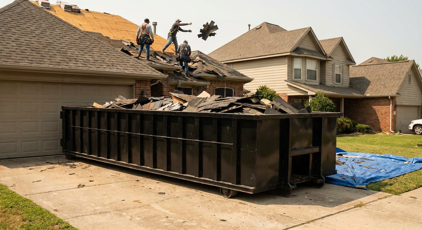 Matte-black roofing roll-off dumpster placed directly on a Alabaster residential concrete driveway, a tear-off crew on a two-story asphalt-shingle roof tossing shingle bundles into the low-walled container, bright daylight, documentary 35mm perspective.