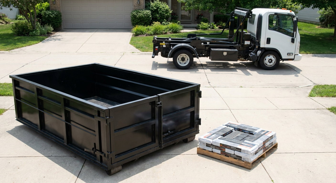 Matte-black 15-yard roofing roll-off dumpster with reinforced low side walls sitting directly on a Alabaster residential concrete driveway, three-tab asphalt shingle bundles stacked nearby, an unmarked white hauler truck partially visible at the edge of the frame.