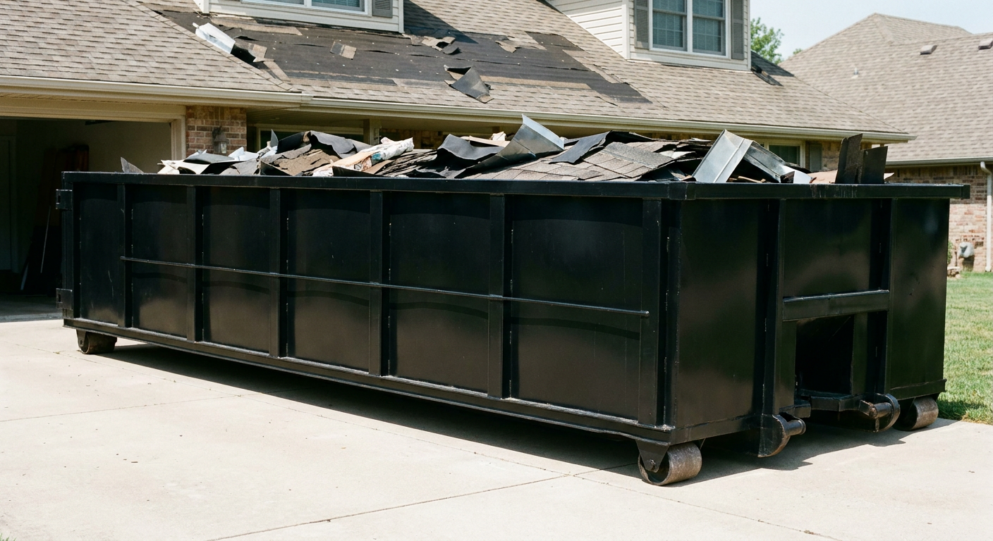 Matte-black 20-yard roofing roll-off dumpster with steel ribbed sides and swinging rear door, sitting directly on the concrete driveway of a two-story Alabaster home, asphalt shingle debris being loaded over the low wall, clean documentary lighting.