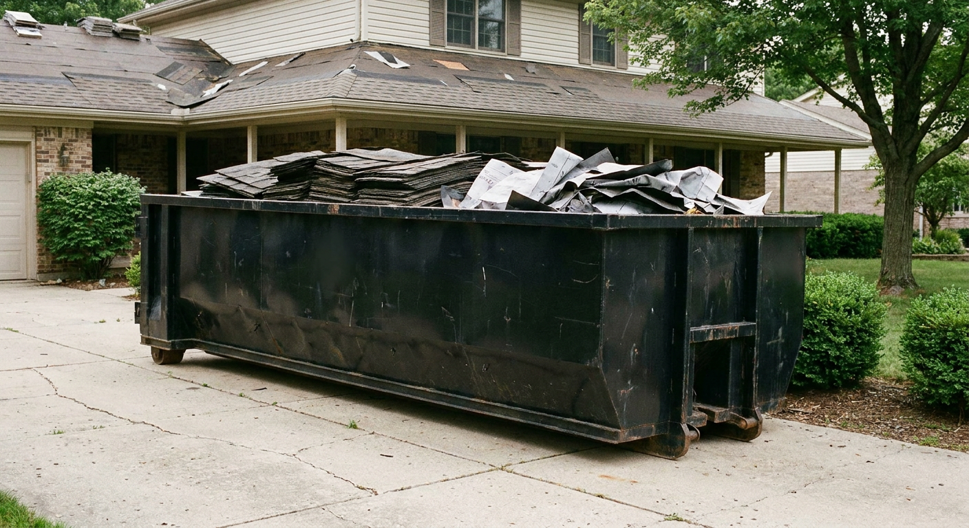 Matte-black 30-yard roofing roll-off dumpster sitting directly on a Alabaster concrete driveway, taller ribbed steel side panels, mixed tear-off debris of asphalt shingles and underlayment inside, professional documentary daylight.