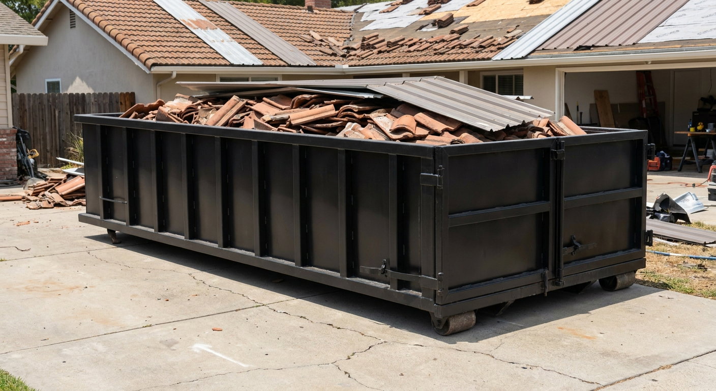 Matte-black low-wall heavy-debris roofing roll-off dumpster sitting directly on a Alabaster concrete driveway, broken concrete clay roof tiles and metal panel sections loaded inside, reinforced ribbed steel side walls visible, bright outdoor daylight.