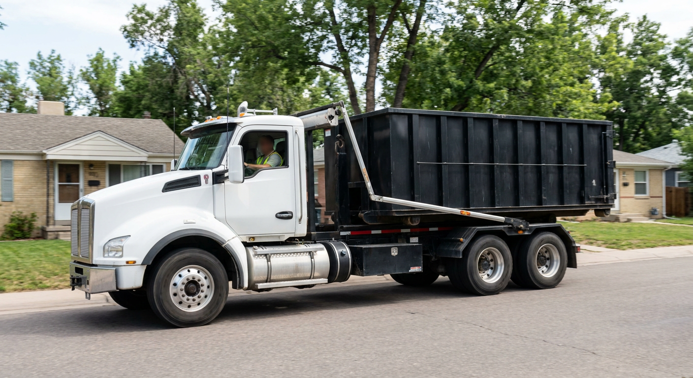 A wide documentary shot of a matte-black roll-off delivery truck pulling onto a quiet Alabaster residential street at mid-morning, with neighborhood rooftops and tree-lined blocks visible behind, showing the metro coverage footprint.
