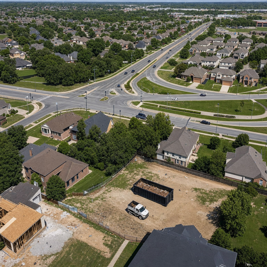 An overhead documentary view of the Alabaster metro area at midday, showing the spread of neighborhoods, arterial roads, and the dispatch radius from a central yard — clean daylight, organized geographic layout.