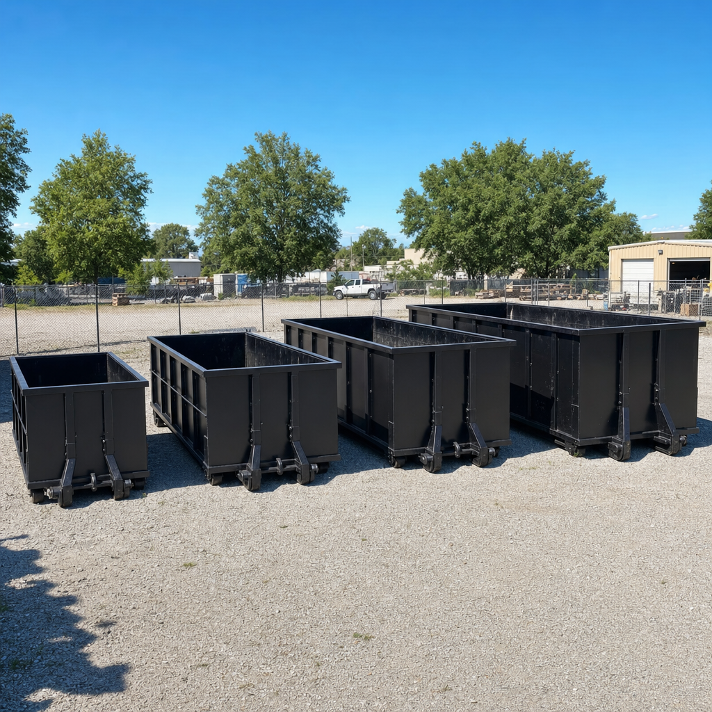 A clean lineup of matte-black roll-off dumpsters in 10, 20, 30, and 40-yard sizes staged on a sunlit gravel yard in Alabaster, showing the size progression from compact to commercial-scale containers.