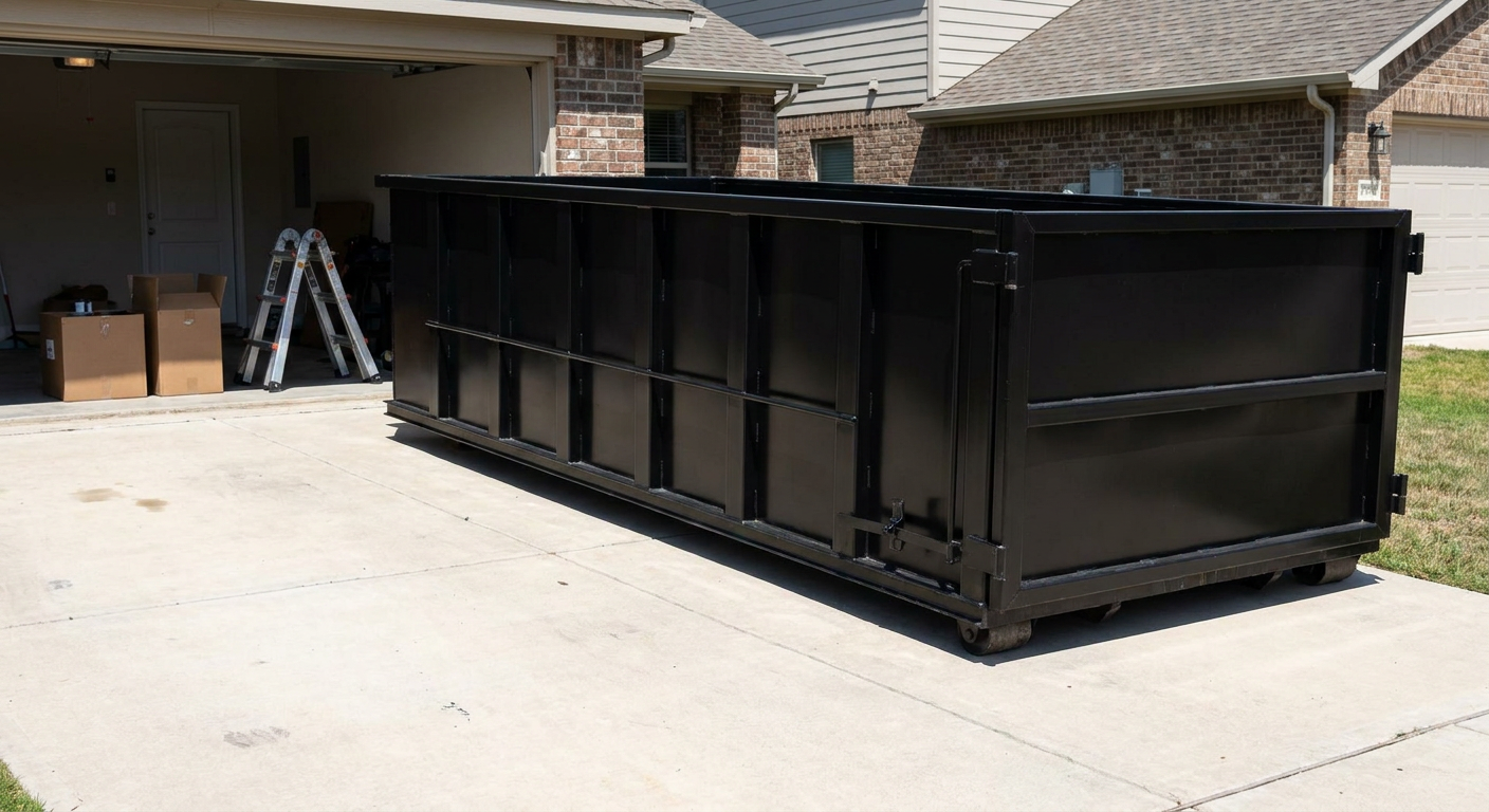 A matte-black 10-yard roll-off dumpster sitting directly on a residential Alabaster concrete driveway, mid-day sunlight, clean and ready for a garage cleanout.