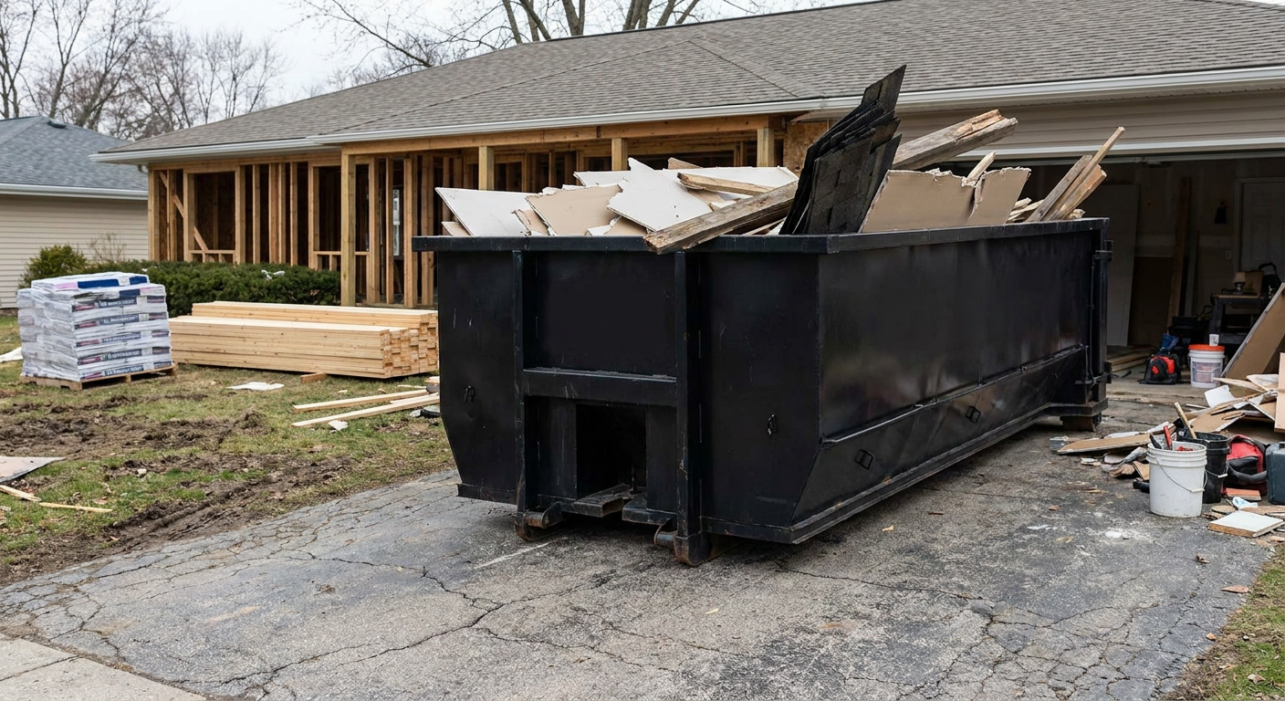 A matte-black 20-yard roll-off dumpster placed alongside a mid-renovation Alabaster home directly on the asphalt driveway, with framing materials and torn-off shingles staged neatly nearby.