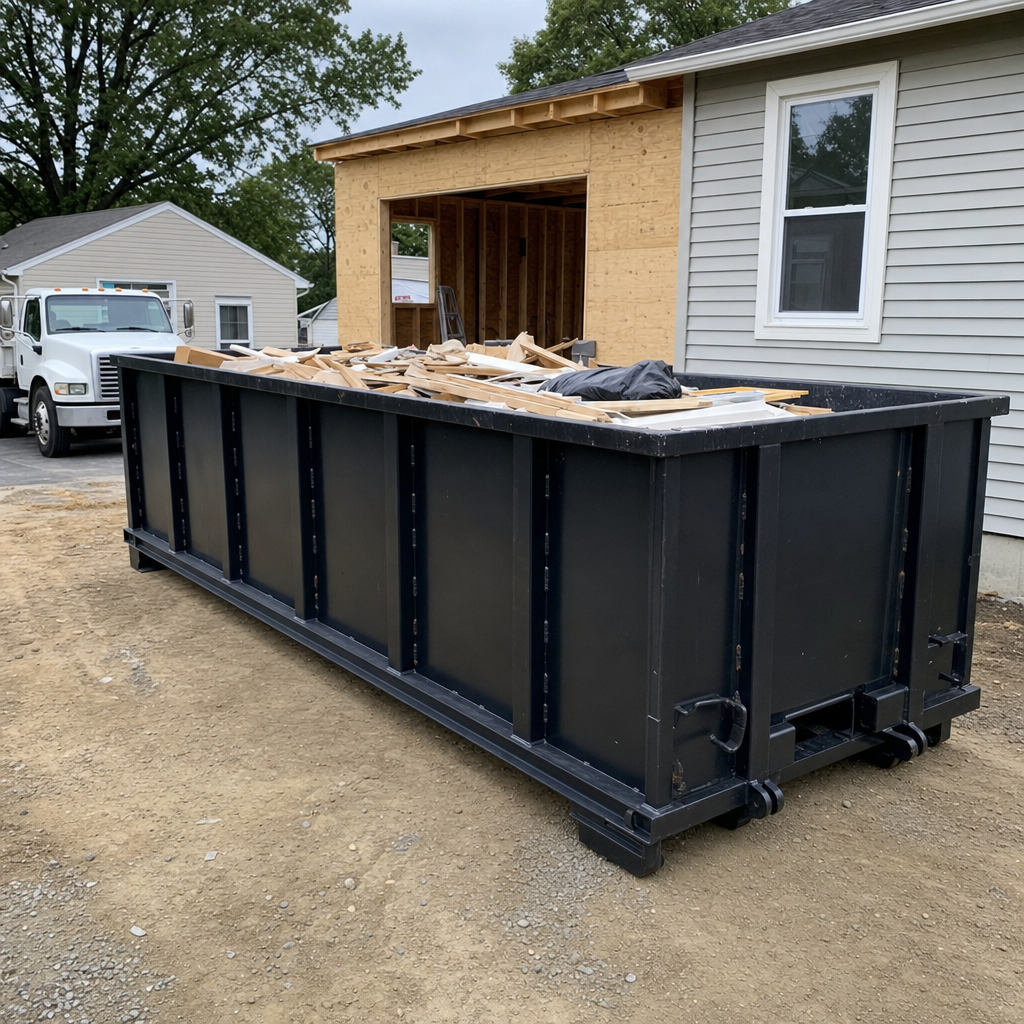 A matte-black 30-yard roll-off dumpster positioned at a Alabaster residential addition jobsite, with framing lumber and drywall scraps loaded through the open swinging rear doors.