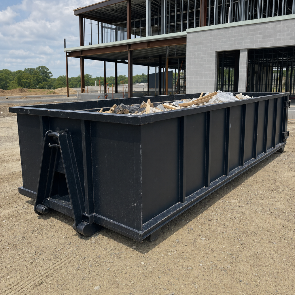 A matte-black 40-yard roll-off dumpster staged on a large Alabaster commercial construction lot, with a hooklift delivery truck parked alongside under bright midday sky.
