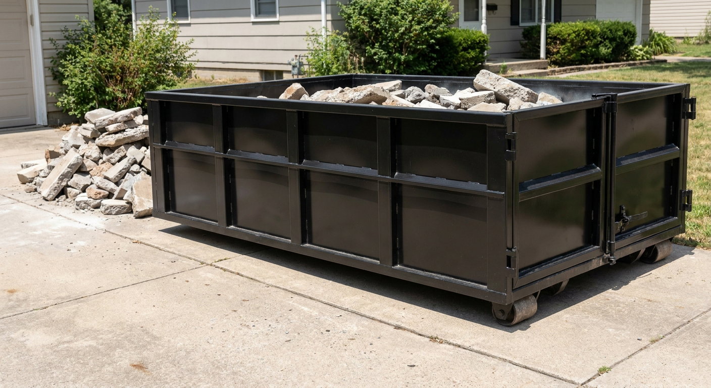 A matte-black low-side heavy-debris roll-off dumpster placed directly on a Alabaster concrete driveway, with broken concrete chunks neatly stacked beside it under clean daylight.